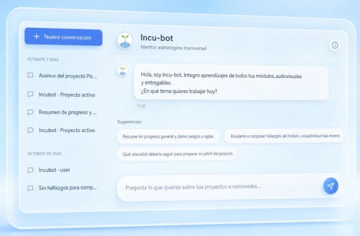 Chat de Incu IA con sugerencias basadas en el avance del proyecto