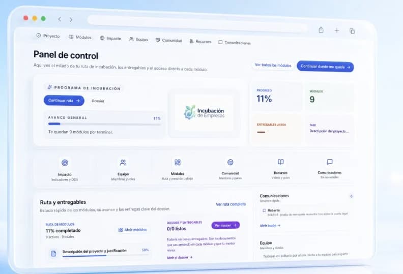 Panel de Incubación en Incu-bot: avance general, módulos, entregables y comunicaciones